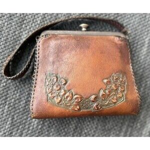 Vintage Art Nouveau Deco Flower Floral Trellis Tooled Brown Leather Purse